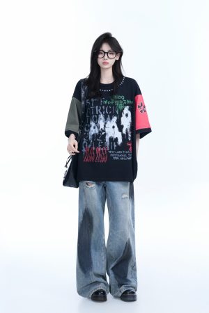 Color-Block Graffiti T-Shirt for Women - American Industrial Style, Loose Fit Short Sleeve, Trendy Streetwear Design