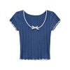 Color-Block Knitted Short-Sleeve T-Shirt for Women - Slim Fit Cropped Top, American Style Summer 2025 Fashion