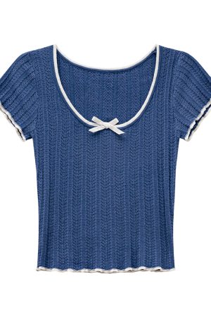 Color-Block Knitted Short-Sleeve T-Shirt for Women - Slim Fit Cropped Top, American Style Summer 2025 Fashion