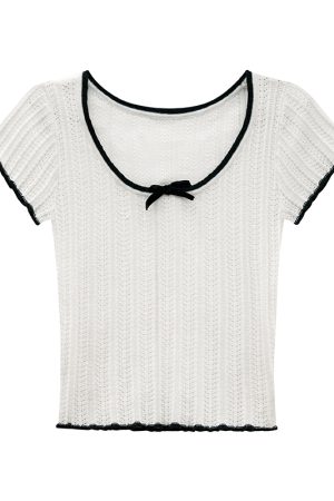 Color-Block Knitted Short-Sleeve T-Shirt for Women - Slim Fit Cropped Top, American Style Summer 2025 Fashion