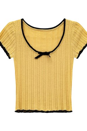 Color-Block Knitted Short-Sleeve T-Shirt for Women - Slim Fit Cropped Top, American Style Summer 2025 Fashion