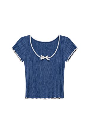 Color-Block Knitted Short-Sleeve T-Shirt for Women - Slim Fit Cropped Top, American Style Summer 2025 Fashion
