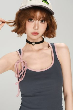 Color-Block Lace-Up Vest for Women - American Retro Summer Slim Fit Top, Flattering Outerwear, 90s Inspired Fashion