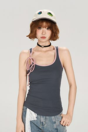 Color-Block Lace-Up Vest for Women - American Retro Summer Slim Fit Top, Flattering Outerwear, 90s Inspired Fashion