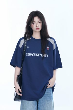 Color-Block Oversized Short Sleeve T-Shirt for Women - Casual Summer Style, American Trend, Loose Fit, Y2K Inspired