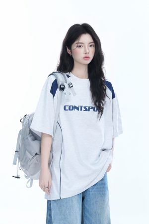 Color-Block Oversized Short Sleeve T-Shirt for Women - Casual Summer Style, American Trend, Loose Fit, Y2K Inspired