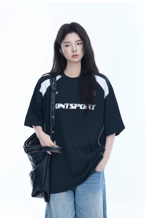 Color-Block Oversized Short Sleeve T-Shirt for Women - Casual Summer Style, American Trend, Loose Fit, Y2K Inspired