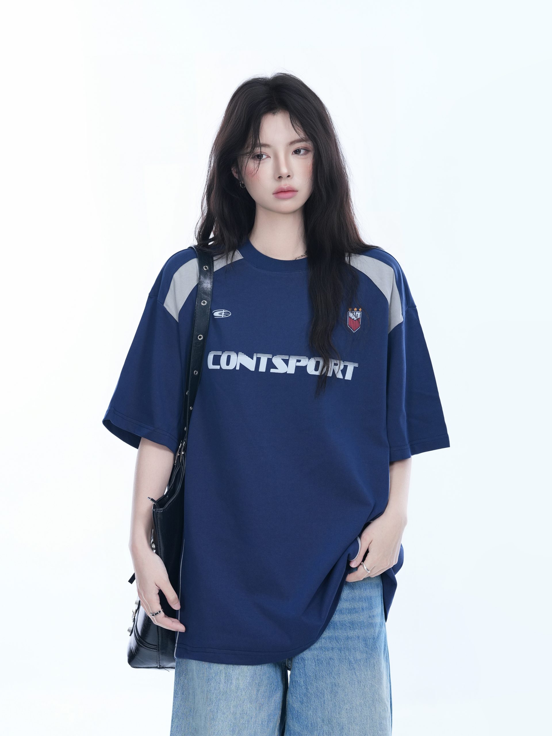 Color-Block Oversized Short Sleeve T-Shirt for Women - Casual Summer Style, American Trend, Loose Fit, Y2K Inspired Color-Block Oversized Short Sleeve T-Shirt for Women - Casual Summer Style, American Trend, Loose Fit, Y2K Inspired