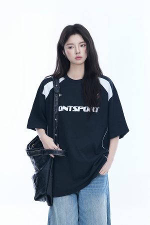 Color-Block Oversized Short Sleeve T-Shirt for Women - Casual Summer Style, American Trend, Loose Fit, Y2K Inspired