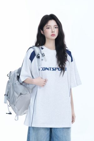 Color-Block Oversized Short Sleeve T-Shirt for Women - Casual Summer Style, American Trend, Loose Fit, Y2K Inspired