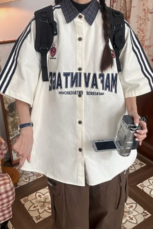 Color Block Plaid Short Sleeve Shirt for Men and Women - Vintage Summer College Style Embroidered Polo Top