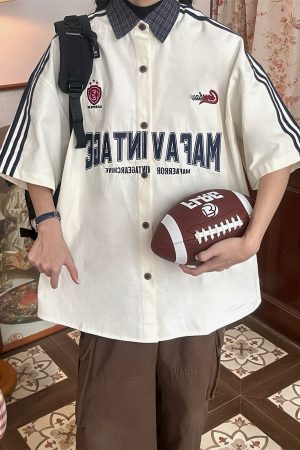 Color Block Plaid Short Sleeve Shirt for Men and Women - Vintage Summer College Style Embroidered Polo Top