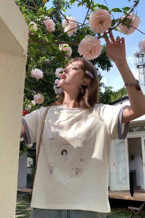 Color Block Printed Short Sleeve T-Shirt for Women - Vintage Wisteria Breeze, Loose Fit, Summer Cotton Top, Casual 90s Style