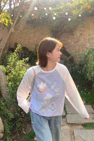 Color-Block Pure Cotton Long Sleeve T-Shirt for Women, Loose Fit Raglan Sleeve Round Neck Top - Vintage Spring Autumn Style