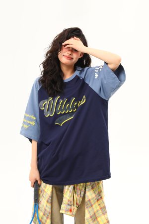 Color Block Raglan Sleeve Short Sleeve T-Shirt for Men and Women - Vintage American Style Loose Fit Couple Top