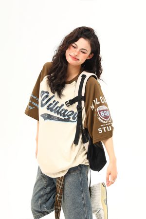 Color Block Raglan Sleeve Short Sleeve T-Shirt for Men and Women - Vintage American Style Loose Fit Couple Top