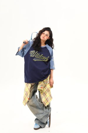 Color Block Raglan Sleeve Short Sleeve T-Shirt for Men and Women - Vintage American Style Loose Fit Couple Top