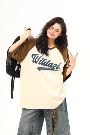 Color Block Raglan Sleeve Short Sleeve T-Shirt for Men and Women - Vintage American Style Loose Fit Couple Top