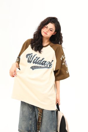 Color Block Raglan Sleeve Short Sleeve T-Shirt for Men and Women - Vintage American Style Loose Fit Couple Top