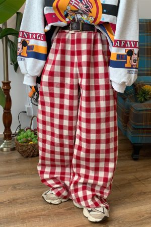 Color-Block Red Plaid Casual Pants for Women | Handmade Vintage Loose Wide-Leg Straight-Leg Floor-Length Trousers
