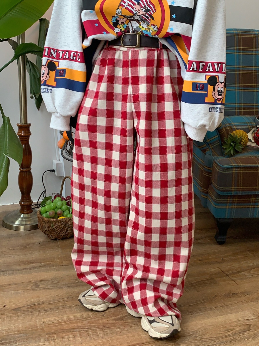 Color-Block Red Plaid Casual Pants for Women | Handmade Vintage Loose Wide-Leg Straight-Leg Floor-Length Trousers