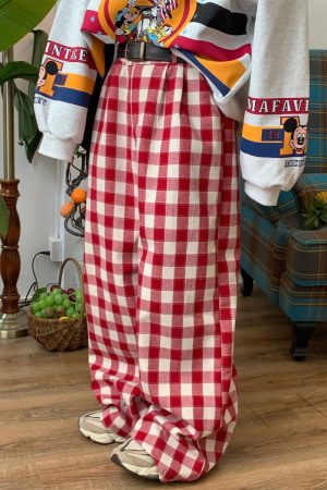 Color-Block Red Plaid Casual Pants for Women | Handmade Vintage Loose Wide-Leg Straight-Leg Floor-Length Trousers