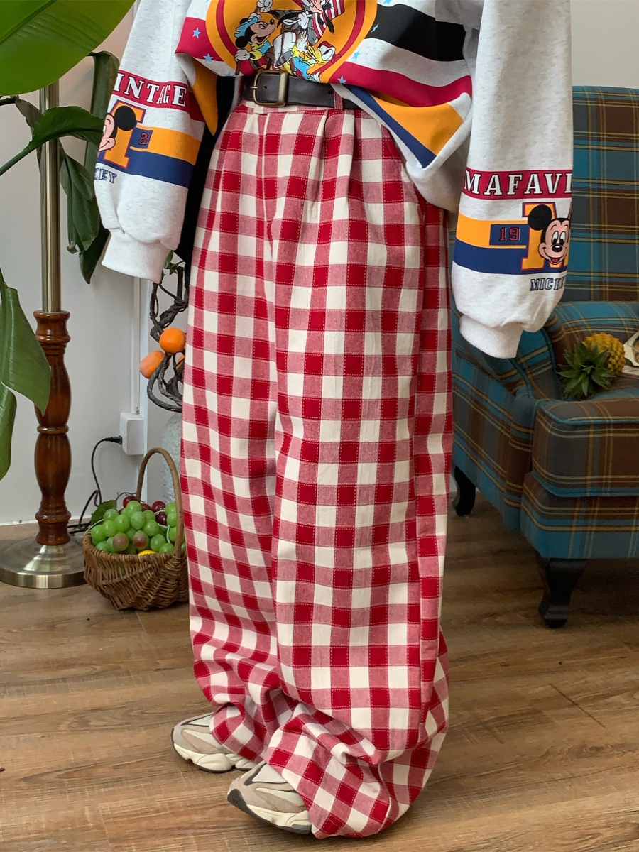 Color-Block Red Plaid Casual Pants for Women | Handmade Vintage Loose Wide-Leg Straight-Leg Floor-Length Trousers