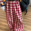 Color-Block Red Plaid Casual Pants for Women | Handmade Vintage Loose Wide-Leg Straight-Leg Floor-Length Trousers