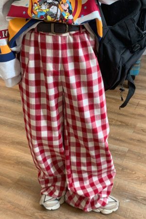 Color-Block Red Plaid Casual Pants for Women | Handmade Vintage Loose Wide-Leg Straight-Leg Floor-Length Trousers