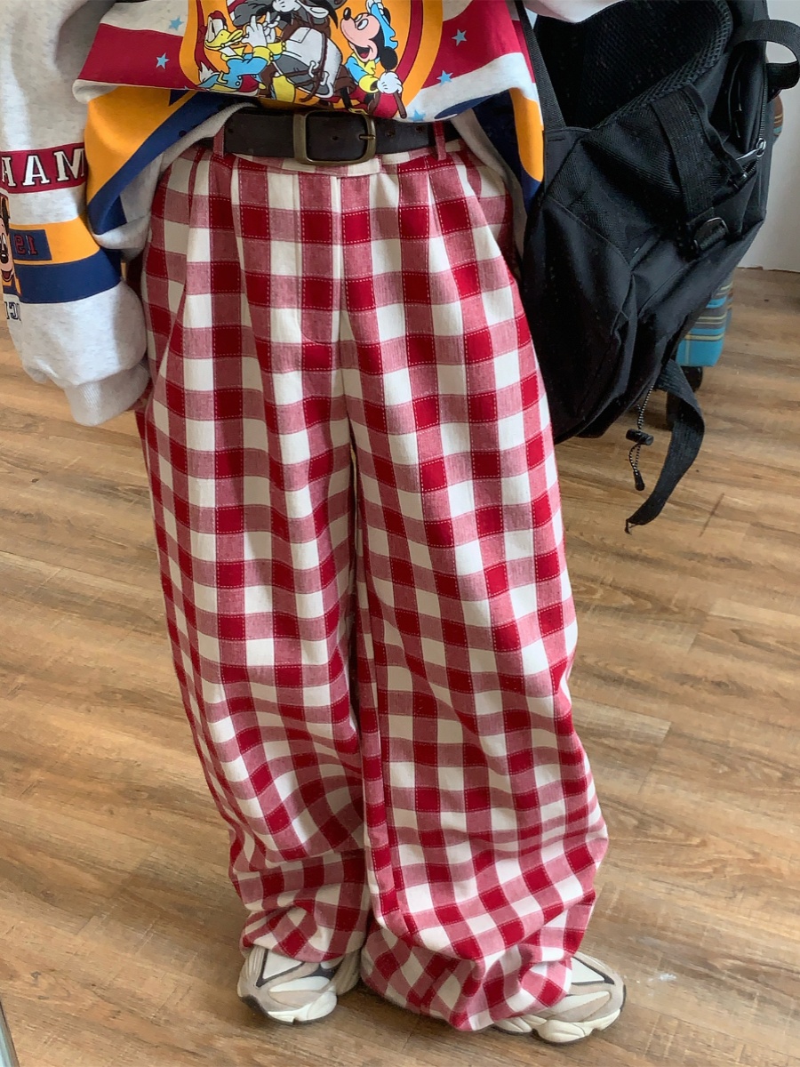 Color-Block Red Plaid Casual Pants for Women | Handmade Vintage Loose Wide-Leg Straight-Leg Floor-Length Trousers