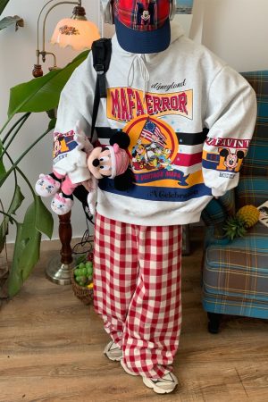 Color-Block Red Plaid Casual Pants for Women | Handmade Vintage Loose Wide-Leg Straight-Leg Floor-Length Trousers