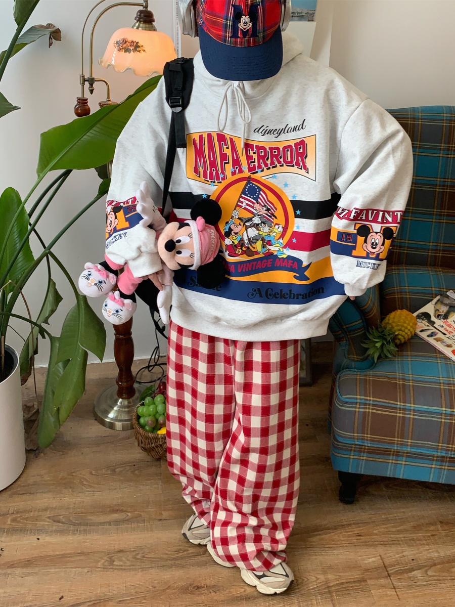 Color-Block Red Plaid Casual Pants for Women | Handmade Vintage Loose Wide-Leg Straight-Leg Floor-Length Trousers