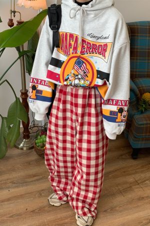 Color-Block Red Plaid Casual Pants for Women | Handmade Vintage Loose Wide-Leg Straight-Leg Floor-Length Trousers