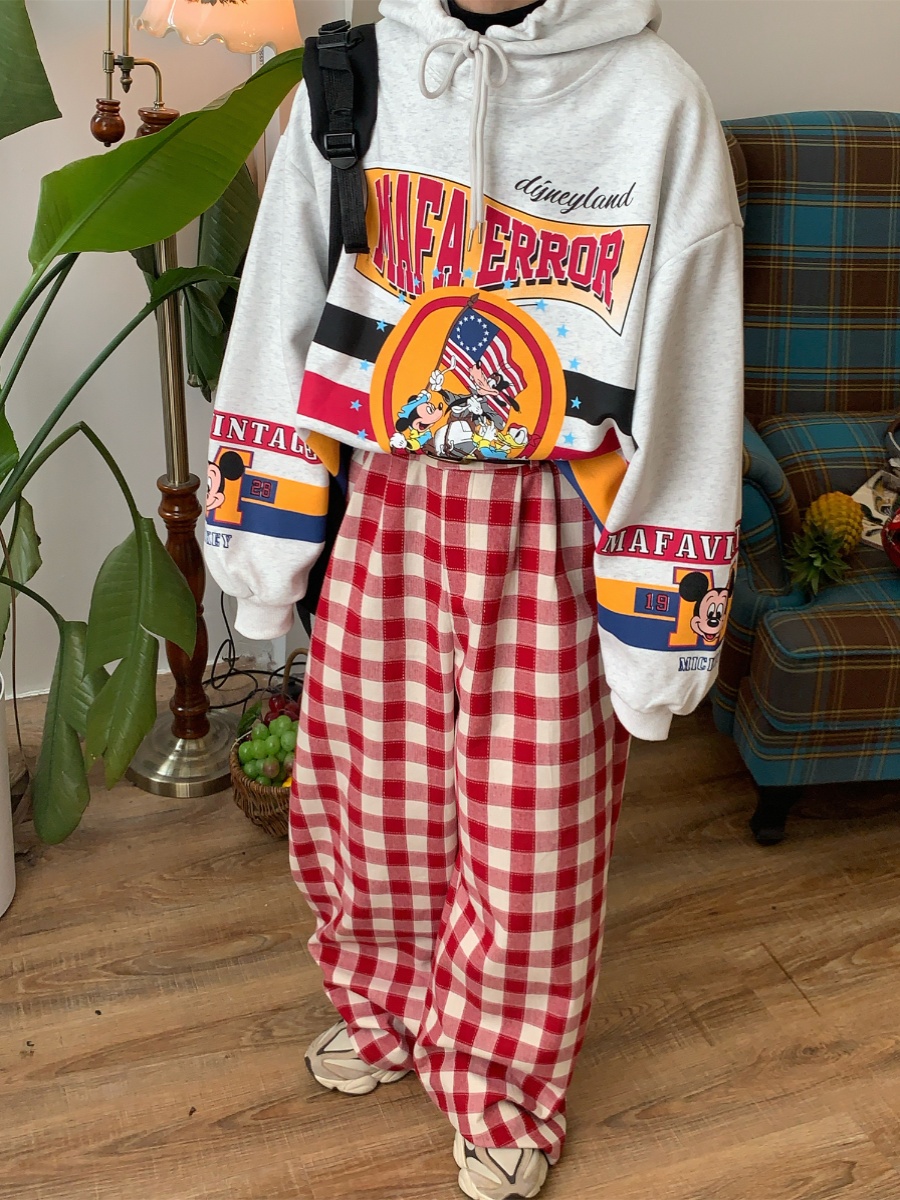 Color-Block Red Plaid Casual Pants for Women | Handmade Vintage Loose Wide-Leg Straight-Leg Floor-Length Trousers