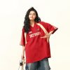 Color-Block Red Short Sleeve T-Shirt for Women - Vintage American Style Loose Polo Collar Top - Summer 90s Fashion Essential