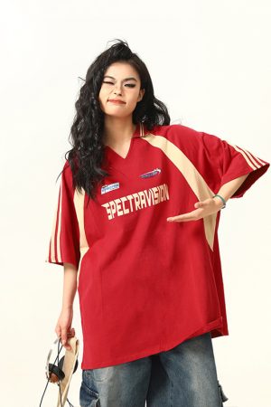 Color-Block Red Short Sleeve T-Shirt for Women - Vintage American Style Loose Polo Collar Top - Summer 90s Fashion Essential