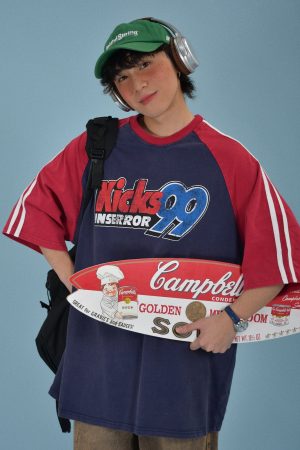 Color-Block Retro Sports Short Sleeve T-Shirt for Summer - Loose Fit Distressed Double Stripe Trendy Style