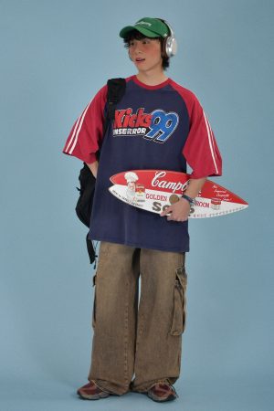 Color-Block Retro Sports Short Sleeve T-Shirt for Summer - Loose Fit Distressed Double Stripe Trendy Style