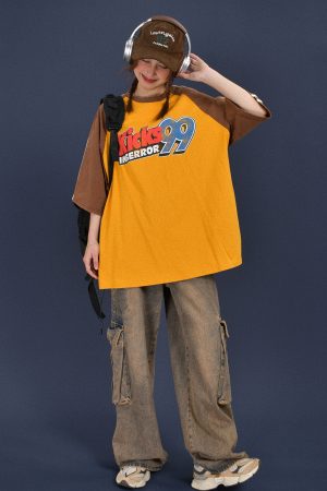 Color-Block Retro Sports Short Sleeve T-Shirt for Summer - Loose Fit Distressed Double Stripe Trendy Style