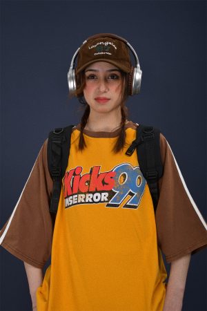 Color-Block Retro Sports Short Sleeve T-Shirt for Summer - Loose Fit Distressed Double Stripe Trendy Style