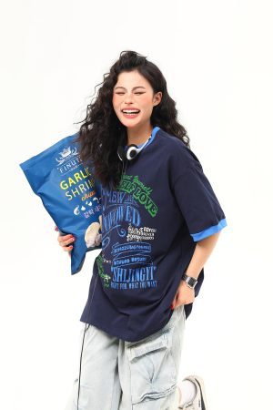 Color Block Round Neck Short Sleeve T-Shirt for Women - Vintage American Style Summer Top, Trendy 90s Inspired Fashion