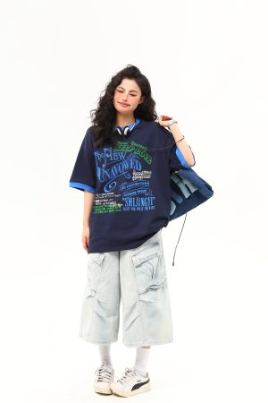 Color Block Round Neck Short Sleeve T-Shirt for Women - Vintage American Style Summer Top, Trendy 90s Inspired Fashion