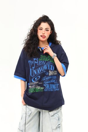 Color Block Round Neck Short Sleeve T-Shirt for Women - Vintage American Style Summer Top, Trendy 90s Inspired Fashion