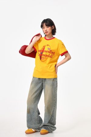 Color-Block Round Neck T-Shirt for Women - American Retro Style, Boxy Fit, Trendy Print, Ginger Yellow Short Sleeves