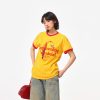 Color-Block Round Neck T-Shirt for Women - American Retro Style, Boxy Fit, Trendy Print, Ginger Yellow Short Sleeves