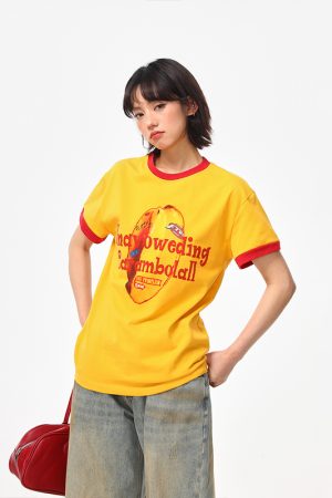 Color-Block Round Neck T-Shirt for Women - American Retro Style, Boxy Fit, Trendy Print, Ginger Yellow Short Sleeves