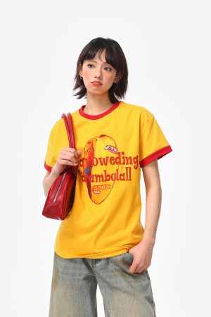 Color-Block Round Neck T-Shirt for Women - American Retro Style, Boxy Fit, Trendy Print, Ginger Yellow Short Sleeves