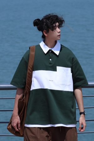 Color-Block Short Sleeve Polo Shirt for Men, Versatile Japanese Style T-Shirt, Summer Fashion, Casual 90s Inspired Top