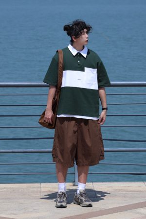 Color-Block Short Sleeve Polo Shirt for Men, Versatile Japanese Style T-Shirt, Summer Fashion, Casual 90s Inspired Top