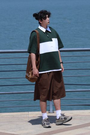 Color-Block Short Sleeve Polo Shirt for Men, Versatile Japanese Style T-Shirt, Summer Fashion, Casual 90s Inspired Top